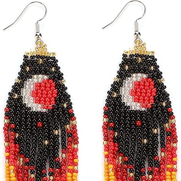 Eclipse Crescent Moon Black Orange Long 5" Bead Earrings Handmade Oversized New - Picture 6 of 7
